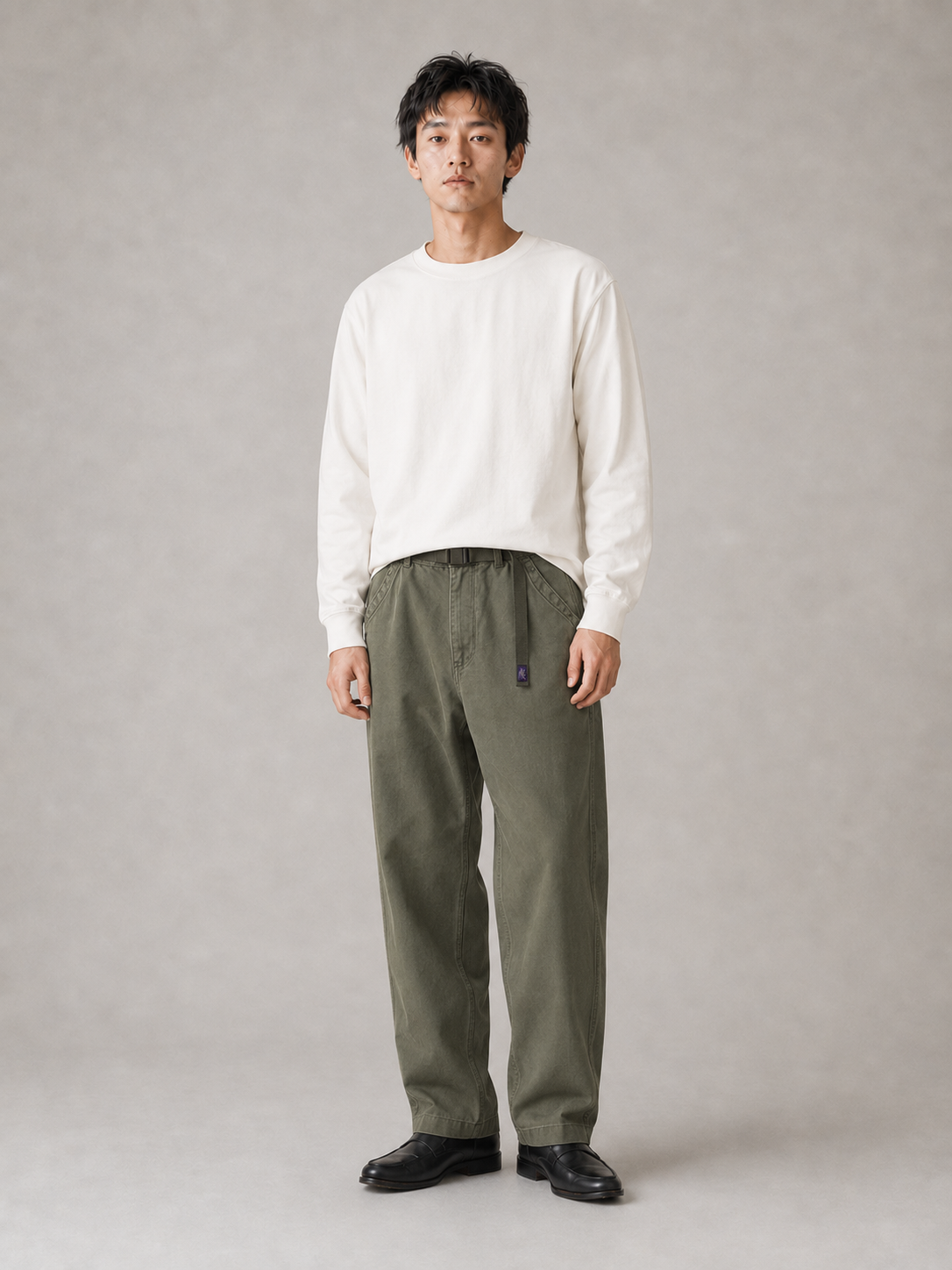 [color:army-green] Belted tapered work trousers model pose 1