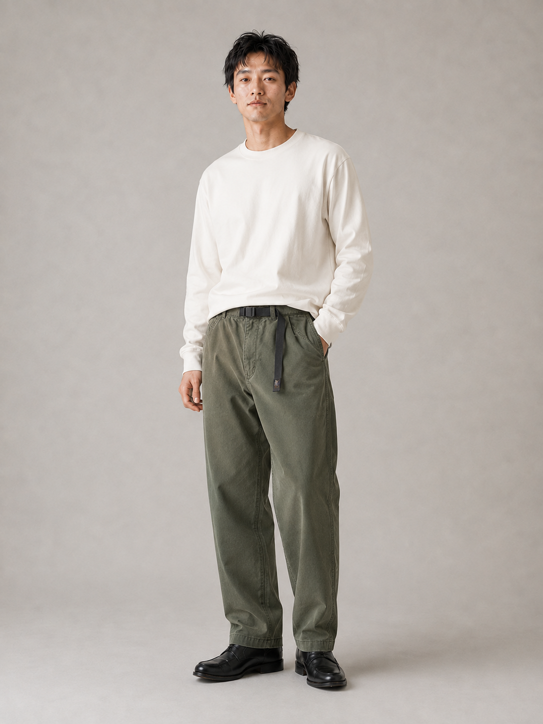 [color:army-green] Belted tapered work trousers model pose 2