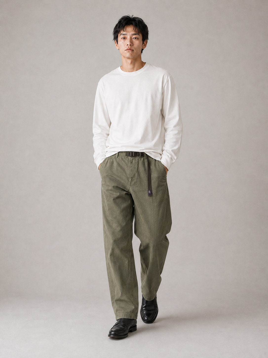 [color:army-green] Belted tapered work trousers model pose 3