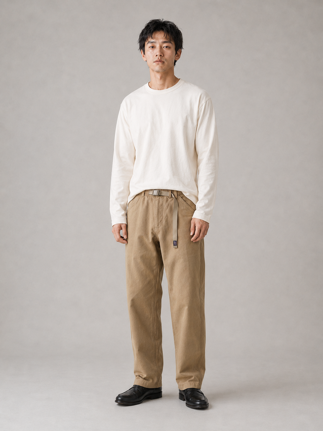 [color:deep-khaki] Belted tapered work trousers model pose 1