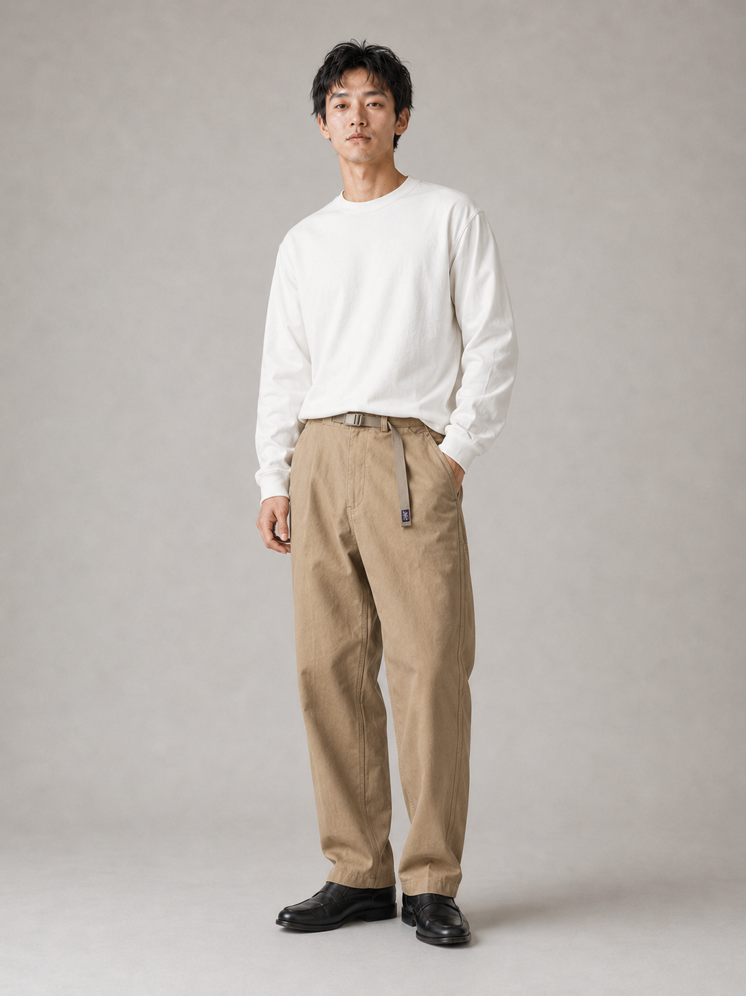 [color:deep-khaki] Belted tapered work trousers model pose 2