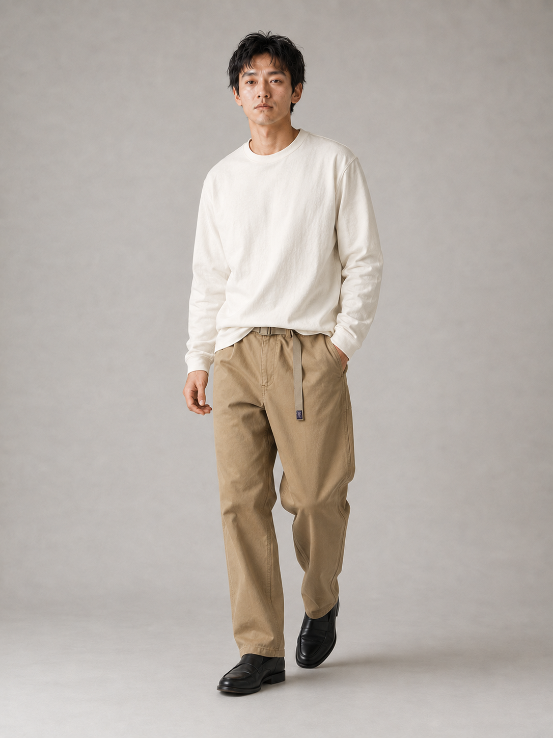 [color:deep-khaki] Belted tapered work trousers model pose 3