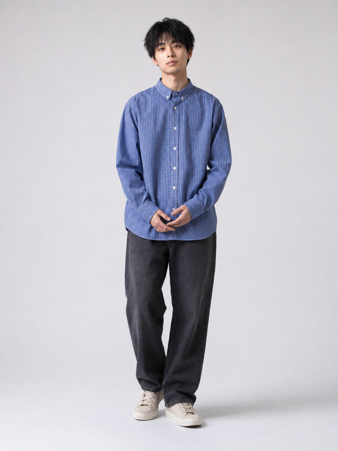[color:blue] Blue plaid cotton shirt on Japanese male model, calm front pose