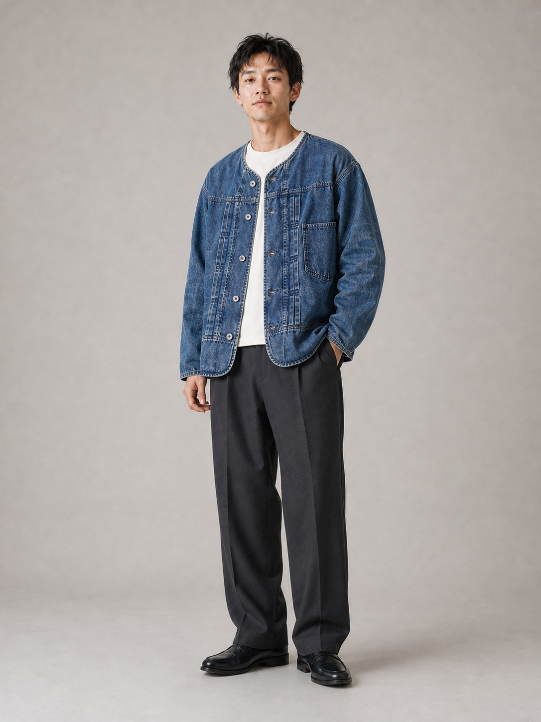 [color:blue] Collarless denim jacket model pose 2