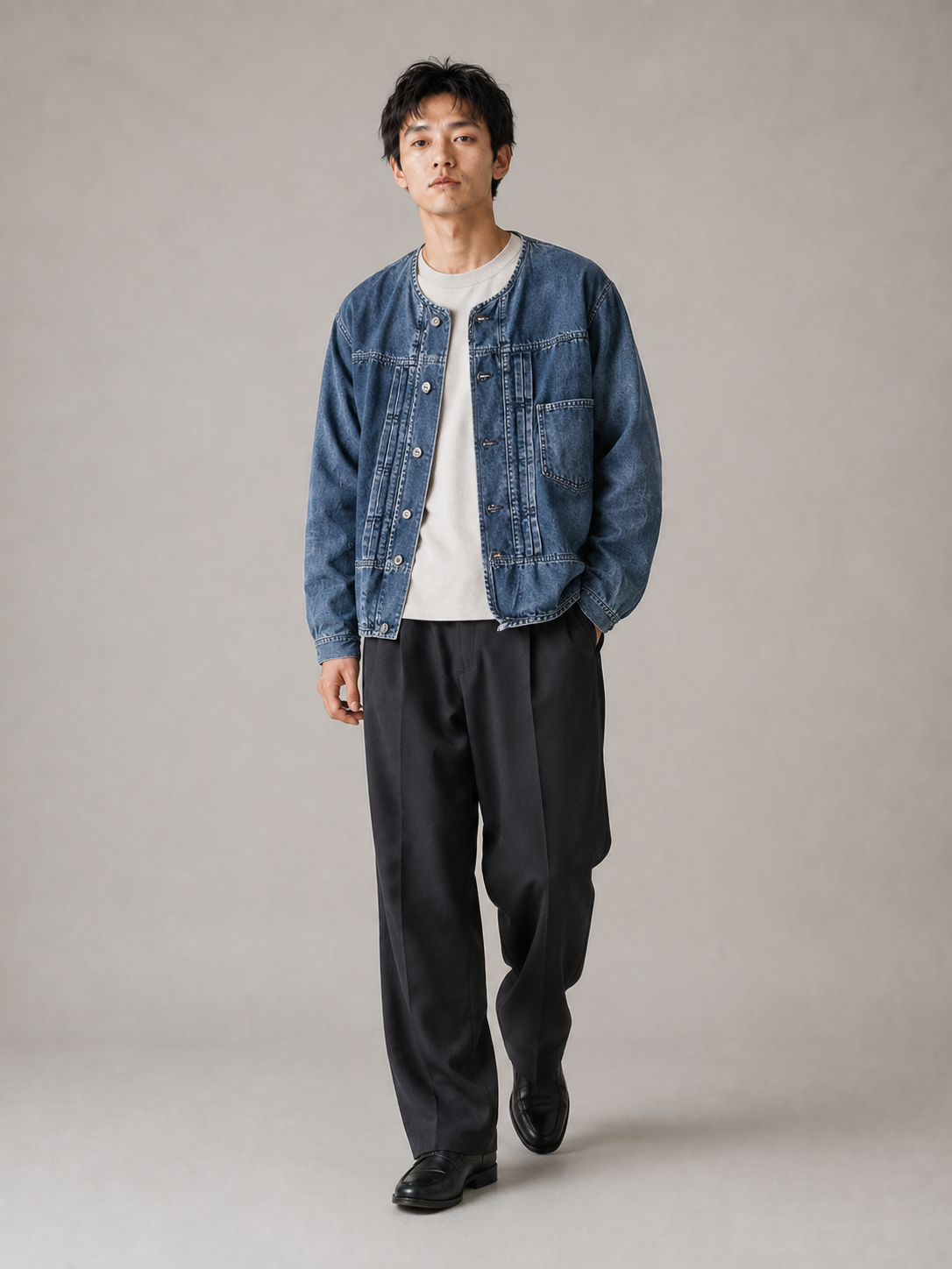 [color:blue] Collarless denim jacket model pose 3