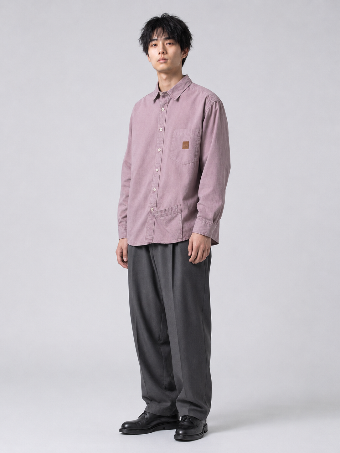 [color:dark-pink] Washed utility shirt in dark pink, model three-quarter view