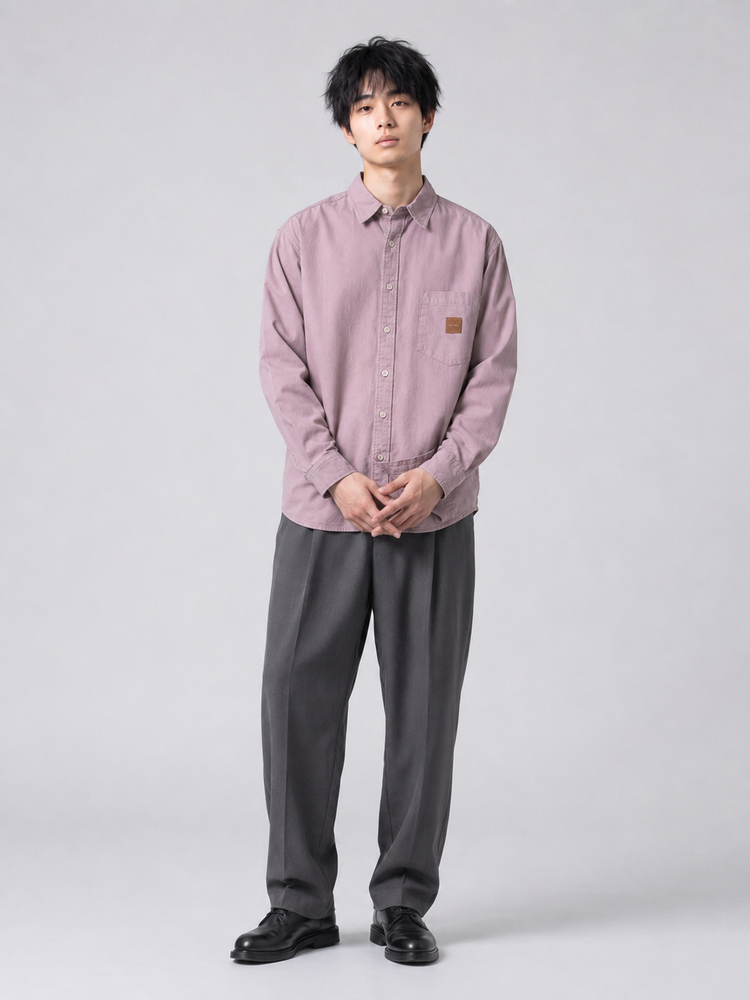 [color:dark-pink] Washed utility shirt in dark pink, model relaxed front view