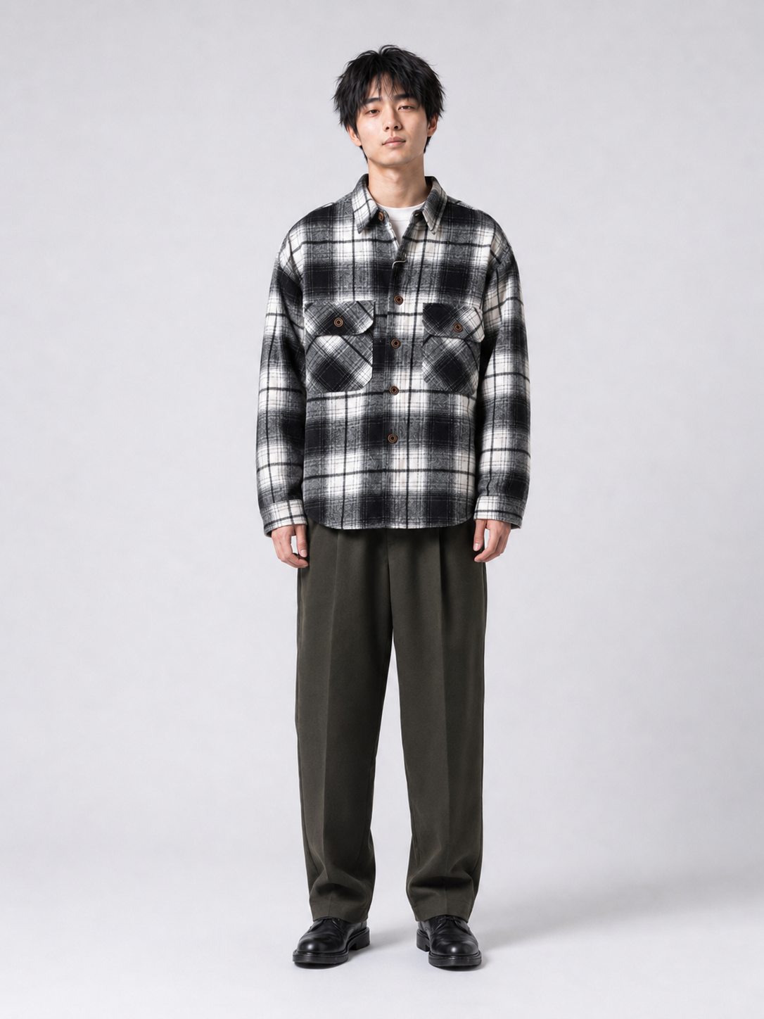 [color:black-and-white-plaid] Fleece-lined plaid shirt jacket in Black and White Plaid, model 2