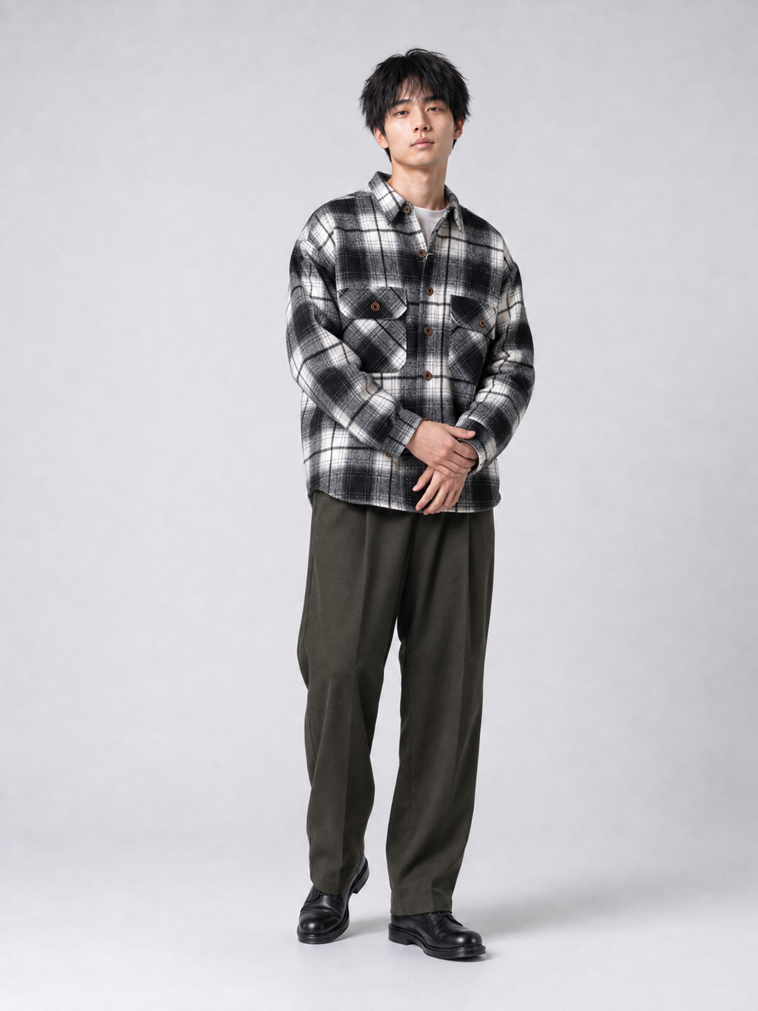 [color:black-and-white-plaid] Fleece-lined plaid shirt jacket in Black and White Plaid, model 3