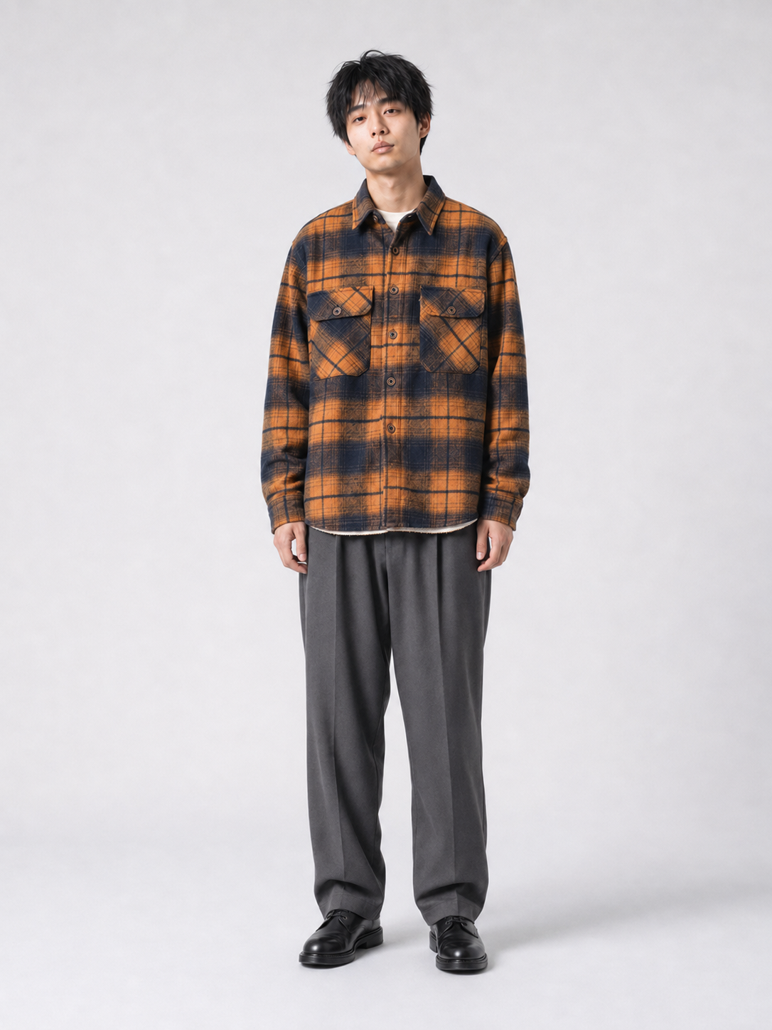 [color:blue-and-orange-grid] Fleece-lined plaid shirt jacket in Blue and Orange Grid, model 2