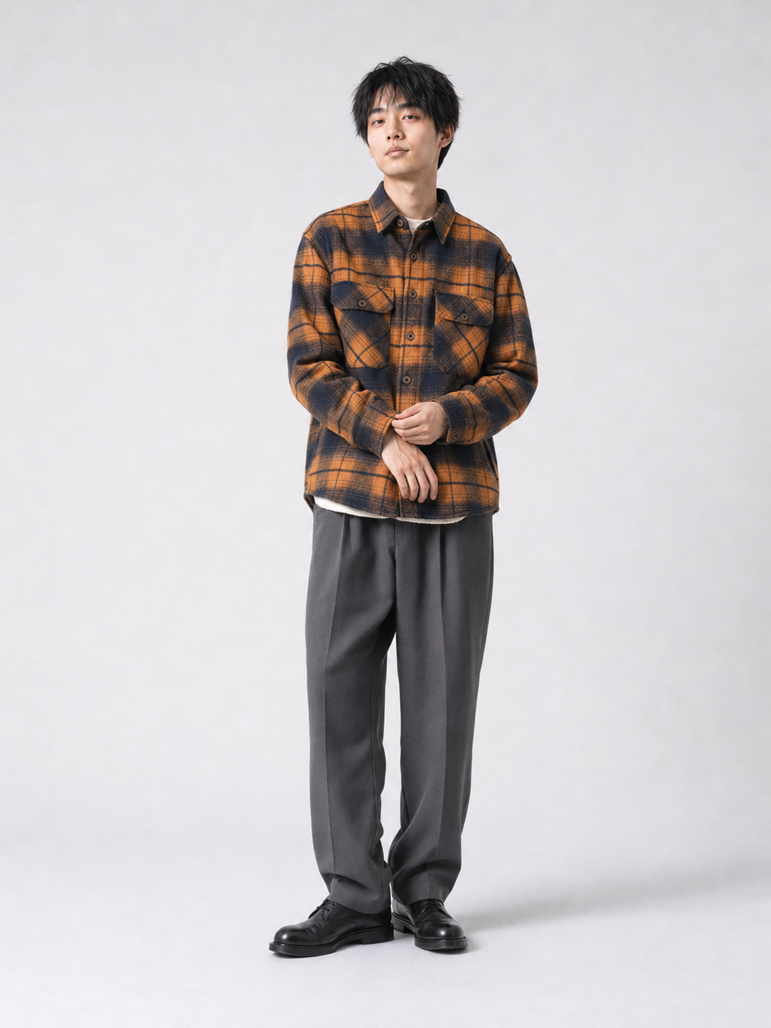 [color:blue-and-orange-grid] Fleece-lined plaid shirt jacket in Blue and Orange Grid, model 3