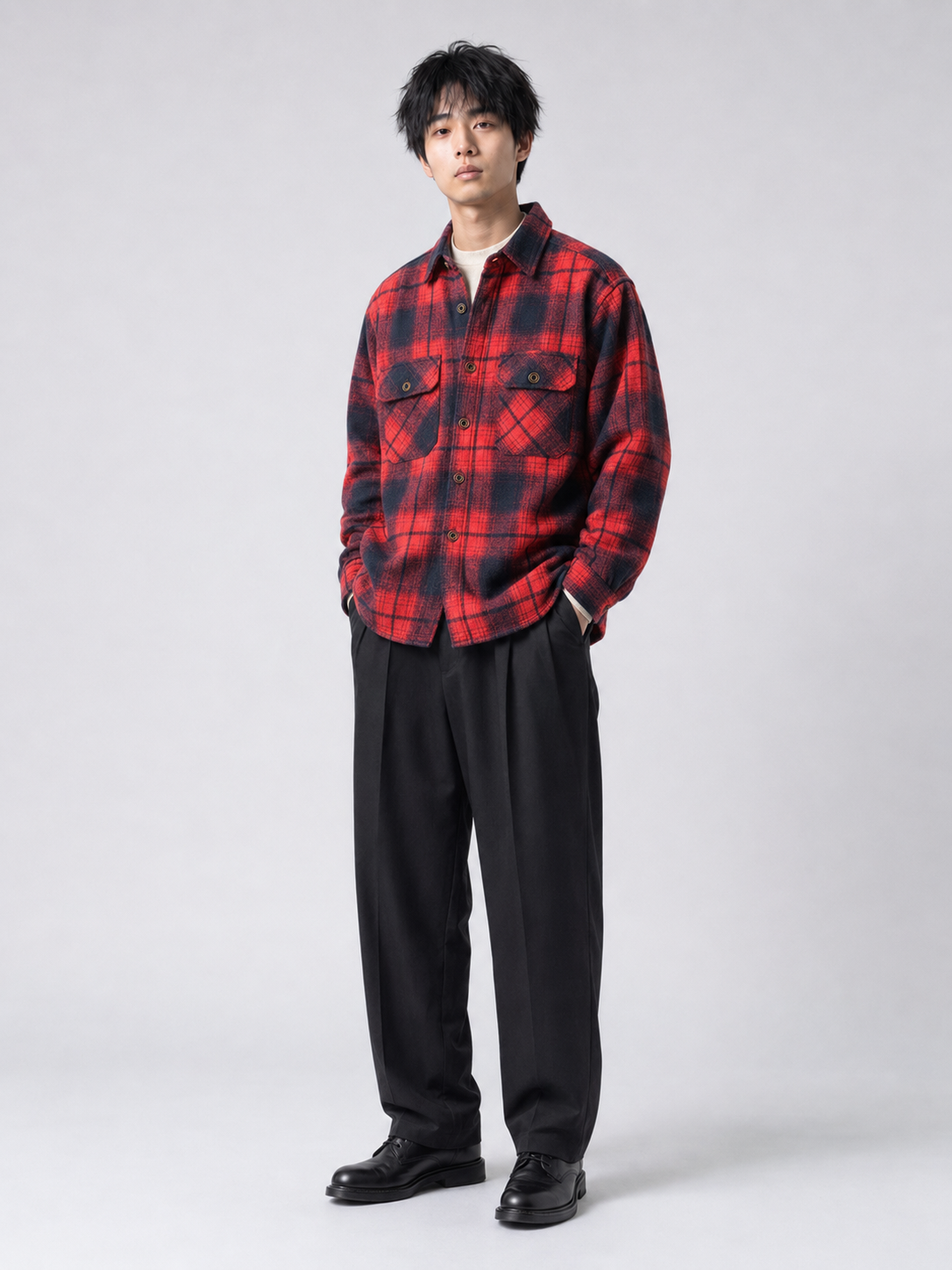 [color:blue-and-red-grid] Fleece-lined plaid shirt jacket in Blue and Red Grid, model 1