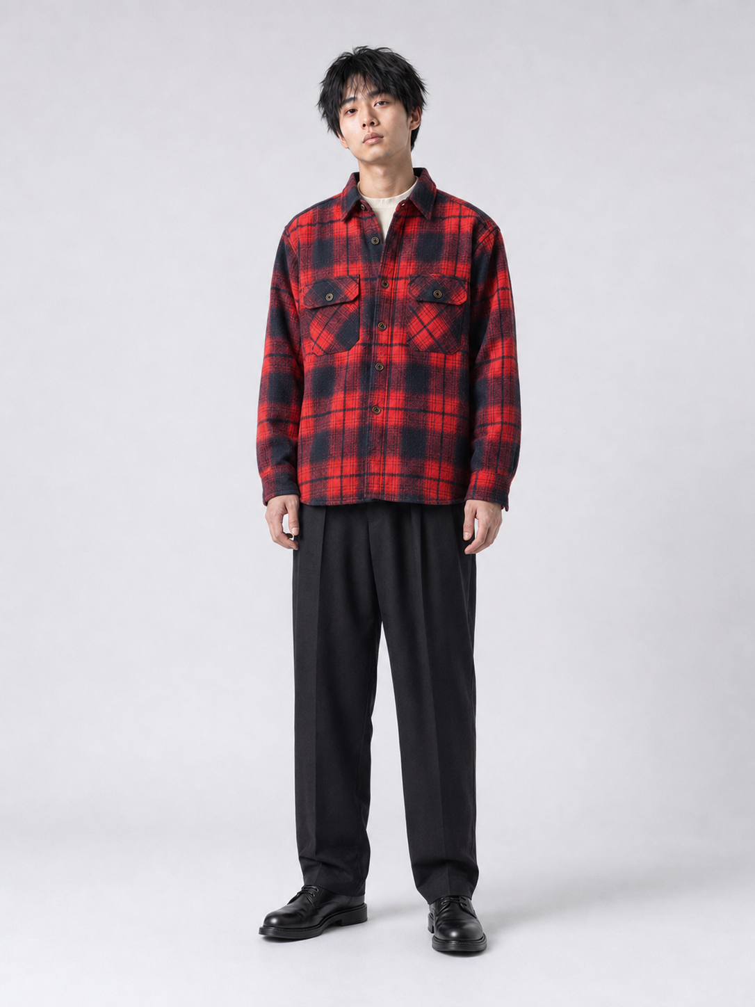 [color:blue-and-red-grid] Fleece-lined plaid shirt jacket in Blue and Red Grid, model 2