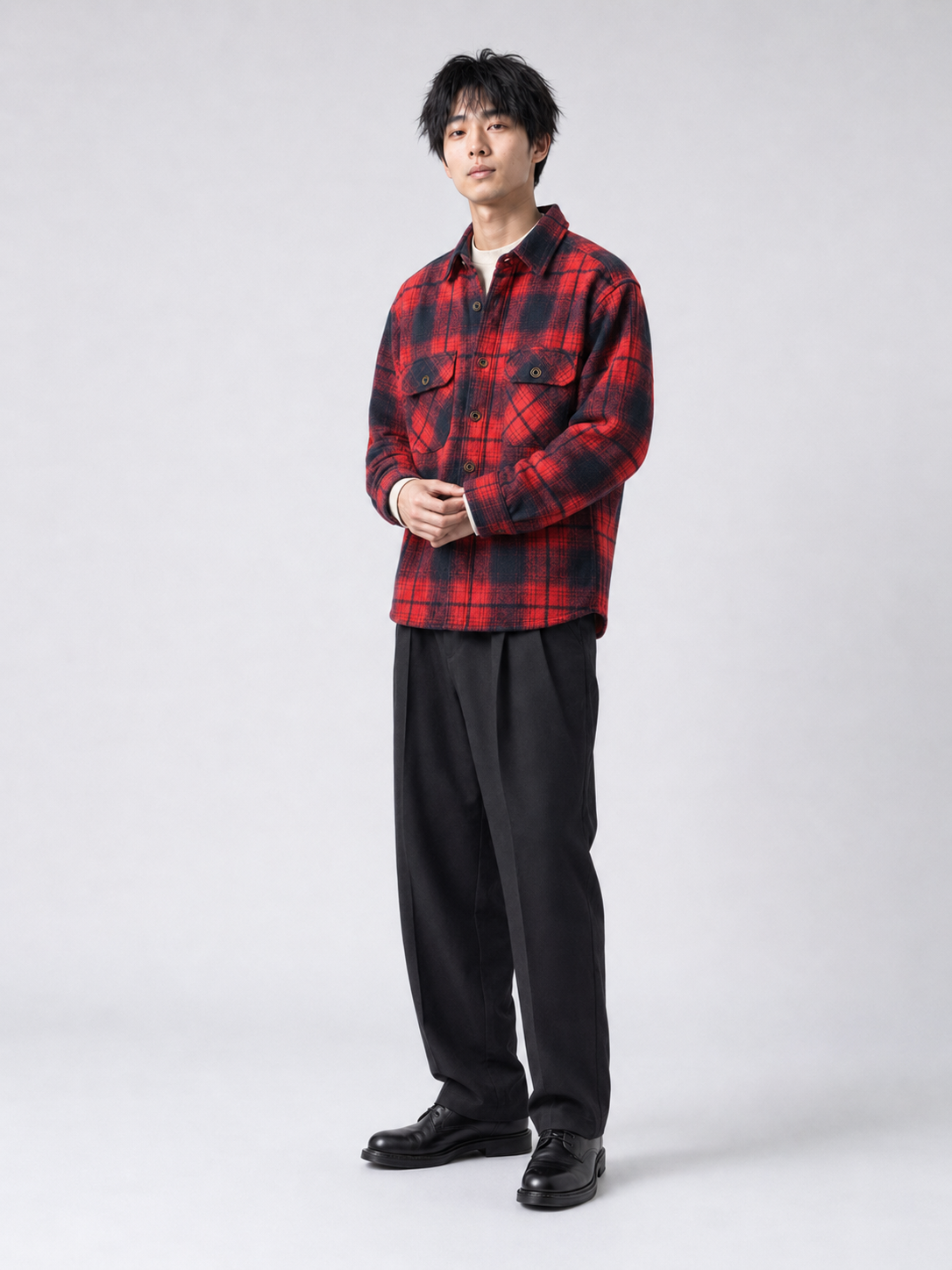 [color:blue-and-red-grid] Fleece-lined plaid shirt jacket in Blue and Red Grid, model 3
