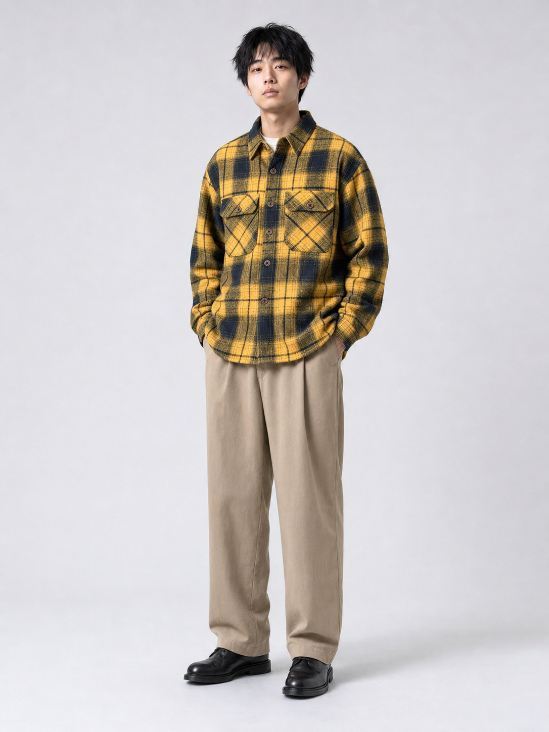 [color:blue-and-yellow-grid] Fleece-lined plaid shirt jacket in Blue and Yellow Grid, model 1