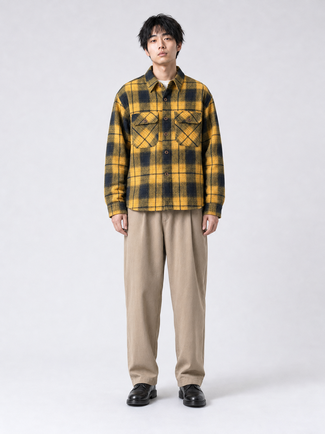 [color:blue-and-yellow-grid] Fleece-lined plaid shirt jacket in Blue and Yellow Grid, model 2