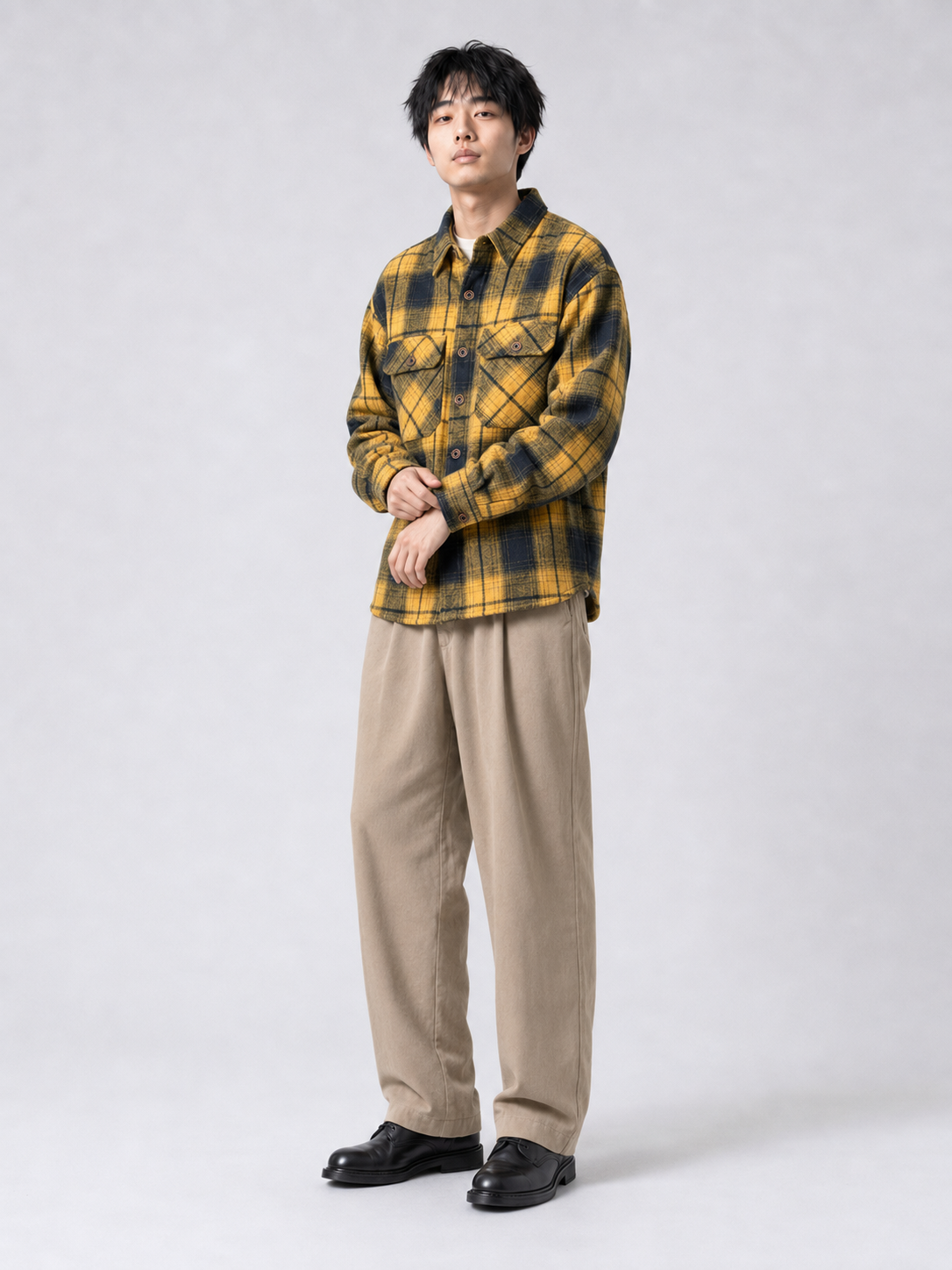 [color:blue-and-yellow-grid] Fleece-lined plaid shirt jacket in Blue and Yellow Grid, model 3
