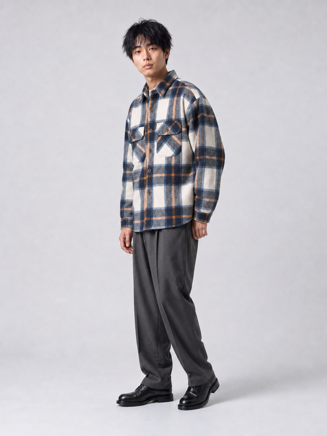 [color:blue-plaid] Fleece-lined plaid shirt jacket, three-quarter editorial model view