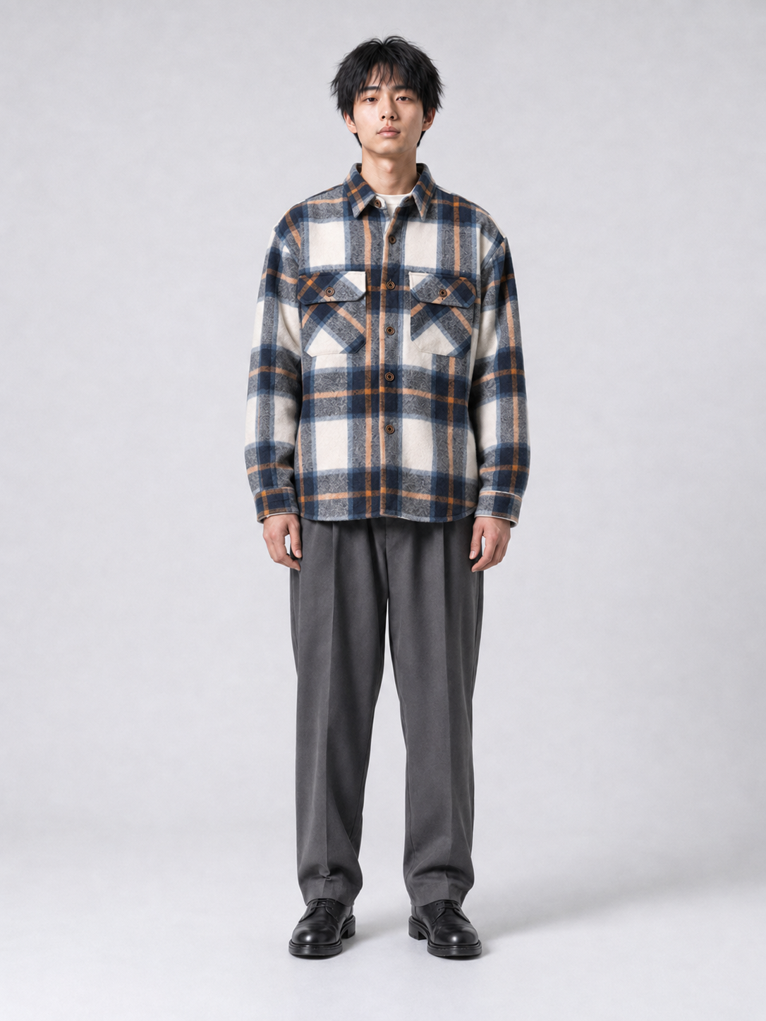 [color:blue-plaid] Fleece-lined plaid shirt jacket in Blue Plaid, model 2