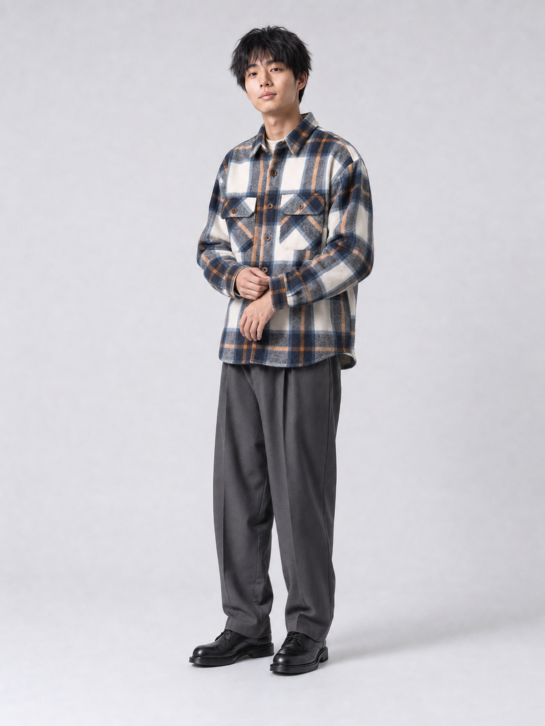 [color:blue-plaid] Fleece-lined plaid shirt jacket in Blue Plaid, model 3