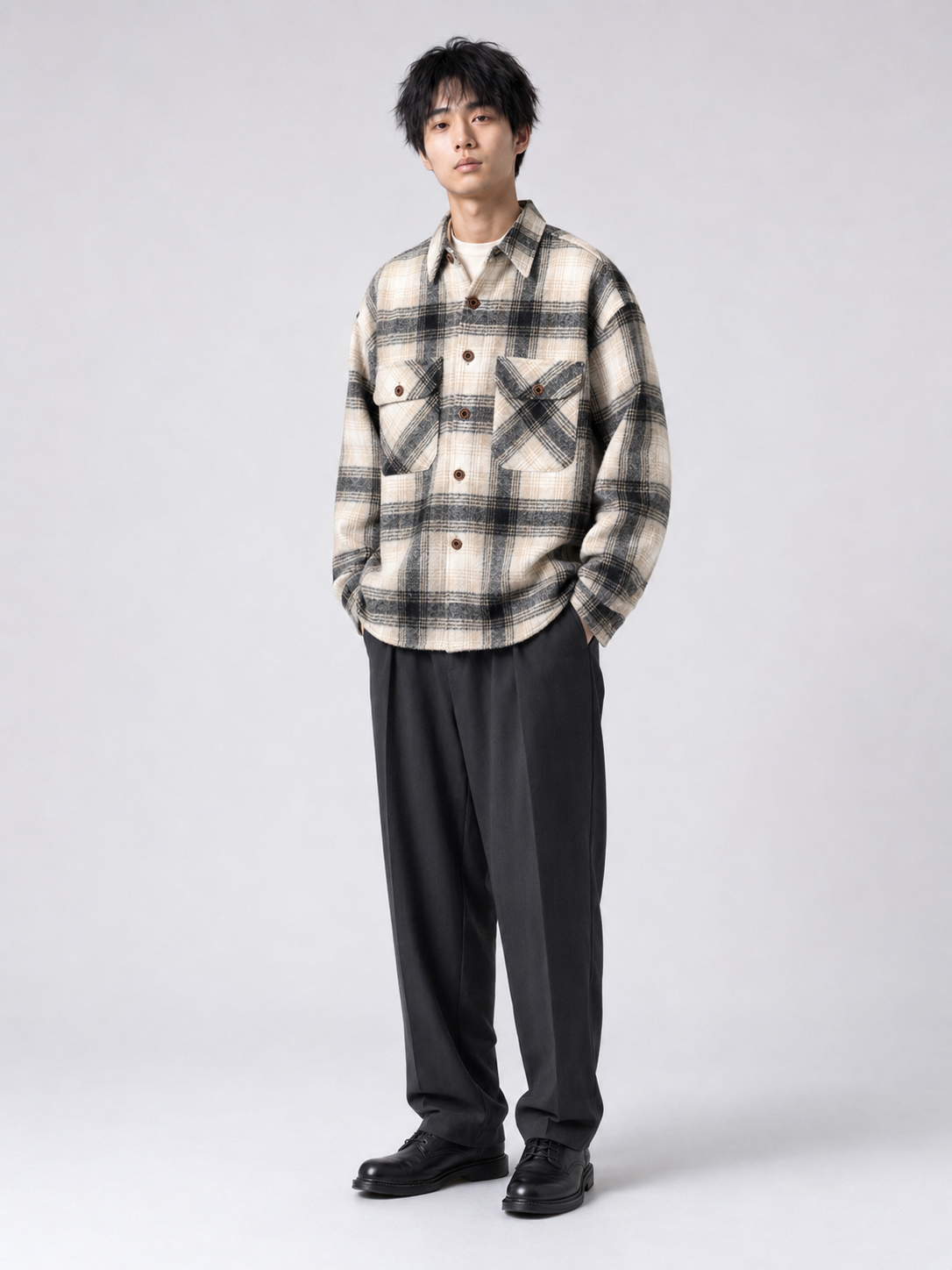 [color:miquette] Fleece-lined plaid shirt jacket in Miquette, model 1