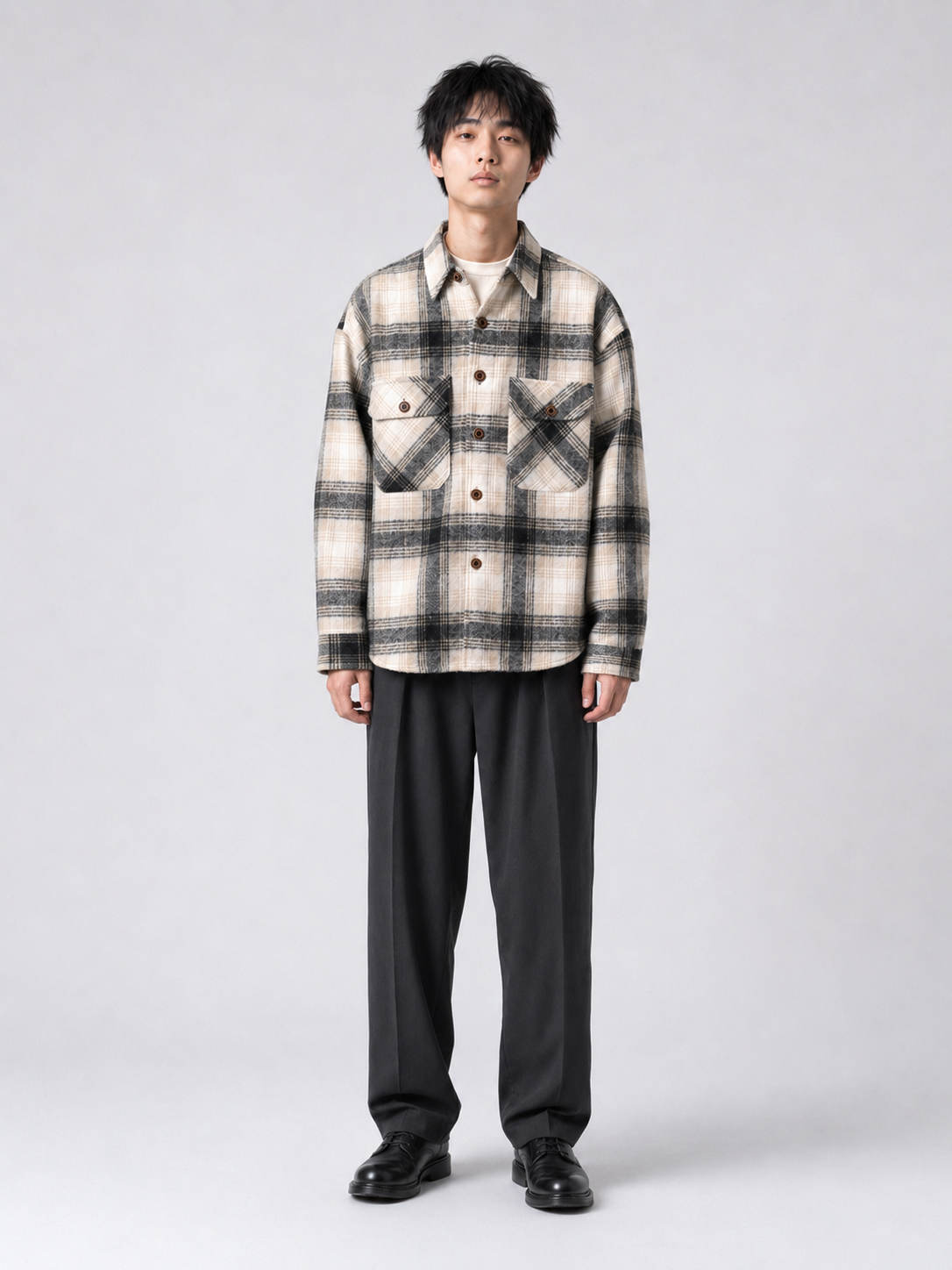 [color:miquette] Fleece-lined plaid shirt jacket in Miquette, model 2