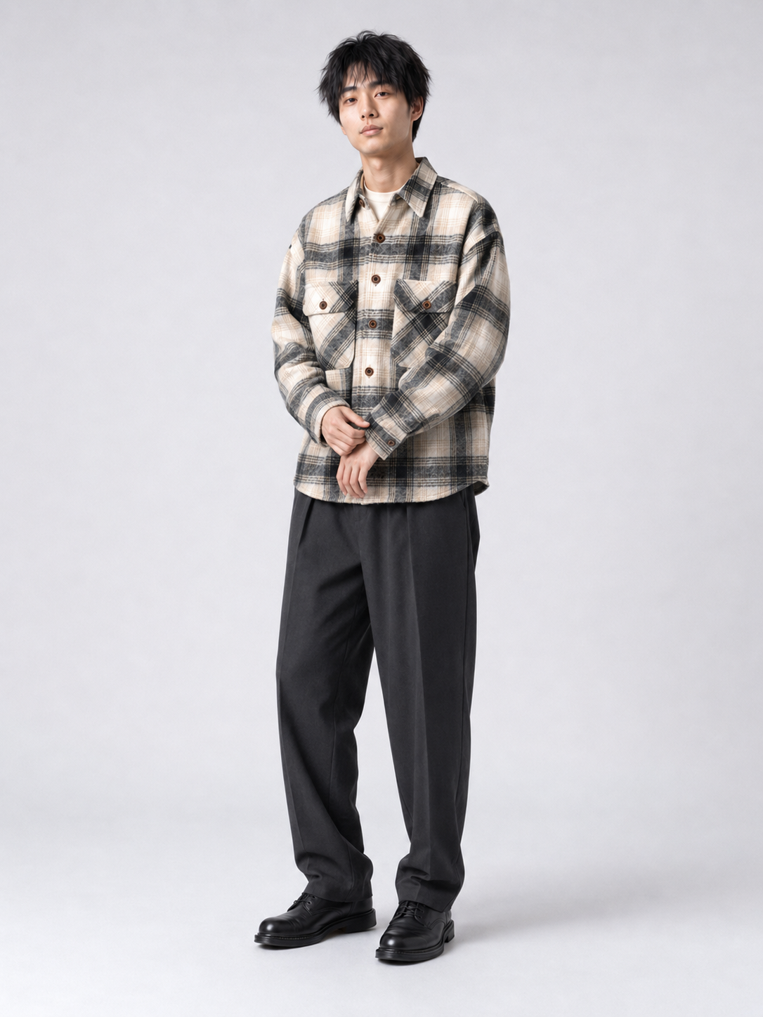 [color:miquette] Fleece-lined plaid shirt jacket in Miquette, model 3