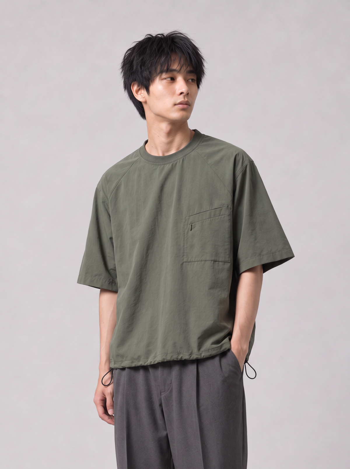 [color:gray-green] Drawstring Raglan Shirt — half-body studio model