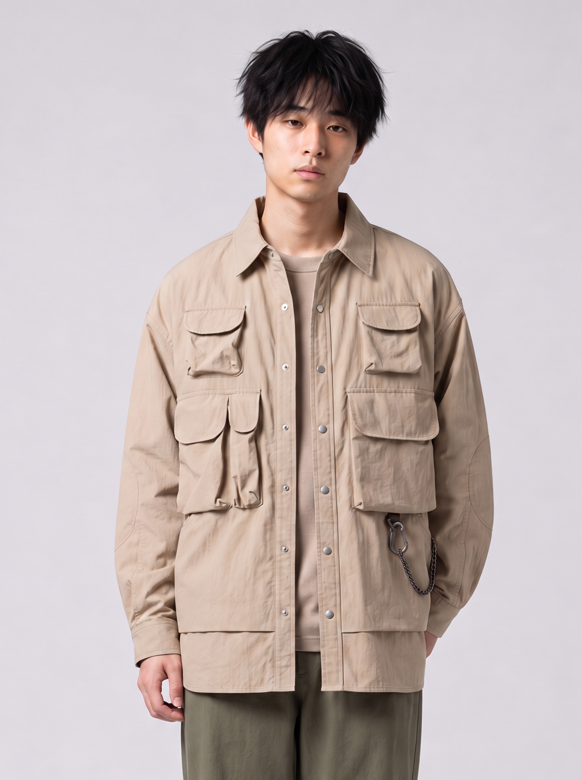 [color:khaki] Multi-Pocket Overshirt / Cotton — half-body studio model