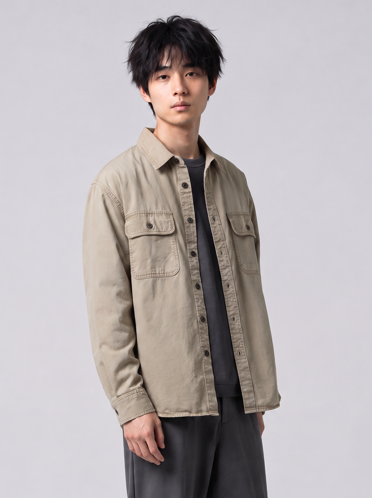 [color:khaki] Distressed Work Shirt / Heavy Cotton — half-body studio model