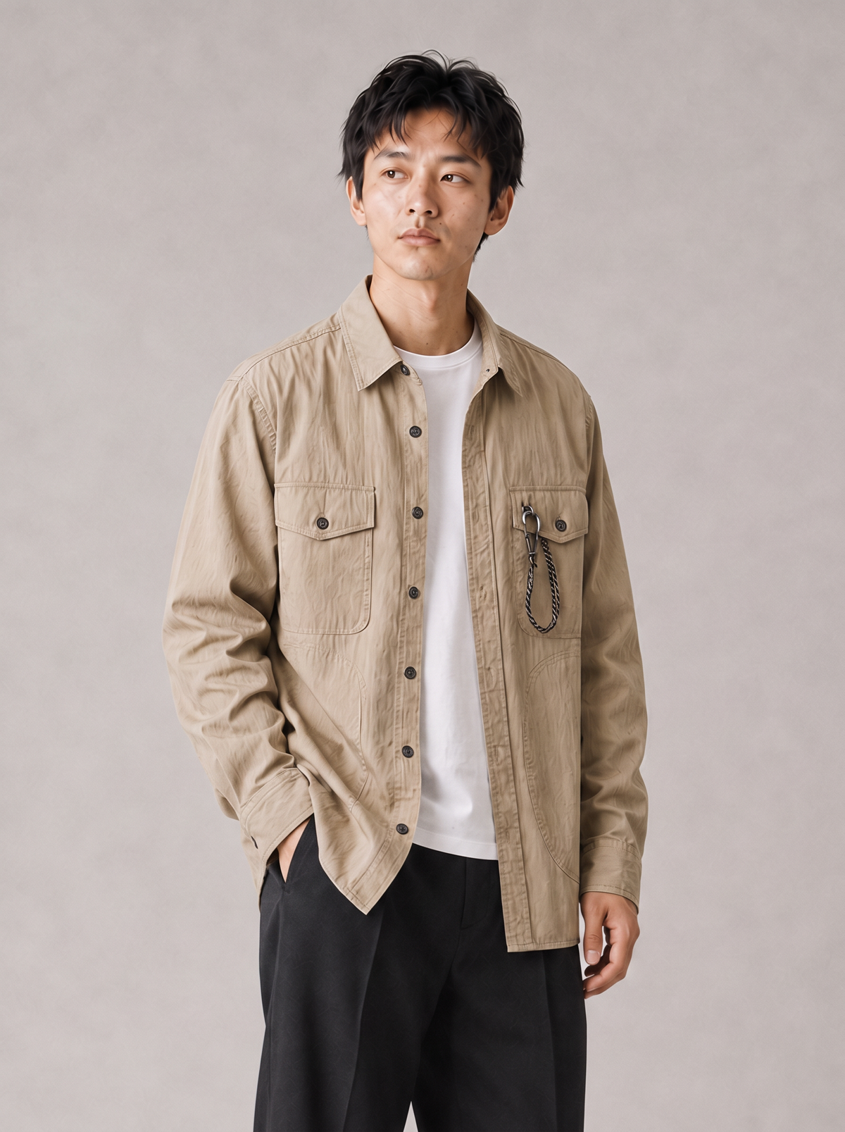 [color:khaki] Ripstop Utility Overshirt / Cotton Blend — half-body studio model