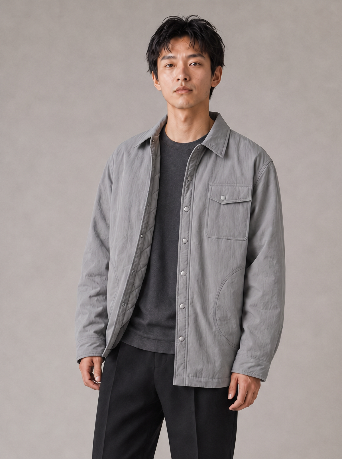 [color:gray] Quilted Liner Shirt Jacket / Cotton Blend — half-body studio model