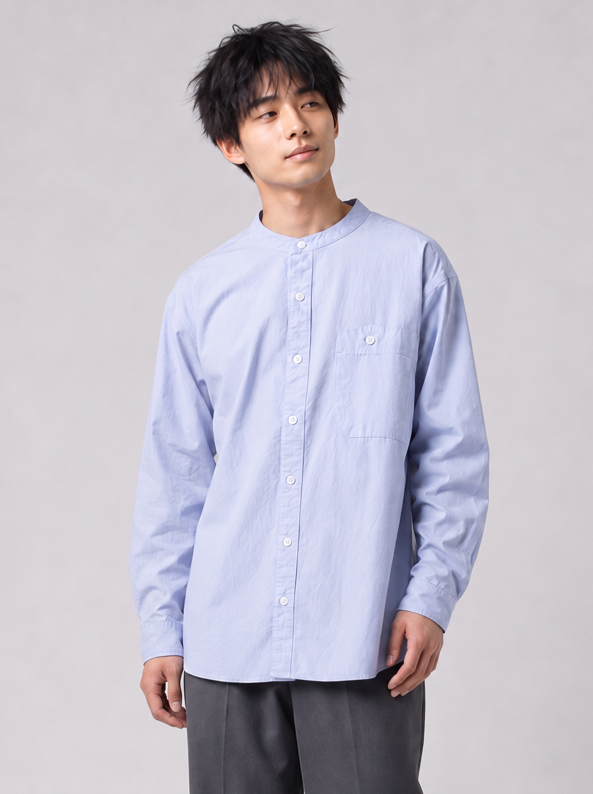 [color:sky-blue] HENRY COLLAR SHIRT / COTTON — half-body studio model
