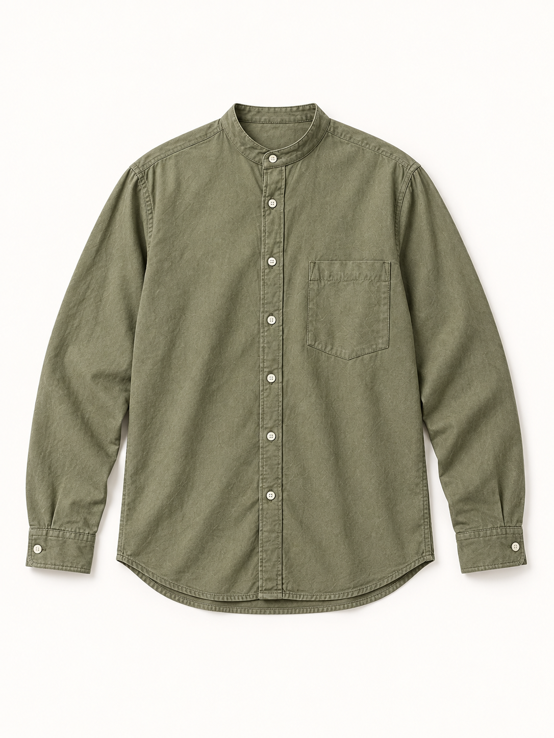 [color:army-green-m11] BAND-COLLAR SHIRT / COTTON-LINEN — studio product view