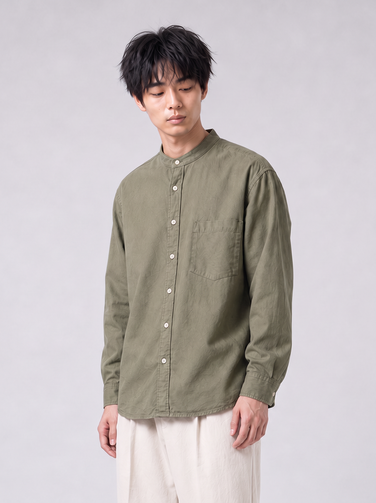 [color:army-green-m11] BAND-COLLAR SHIRT / COTTON-LINEN — half-body studio model