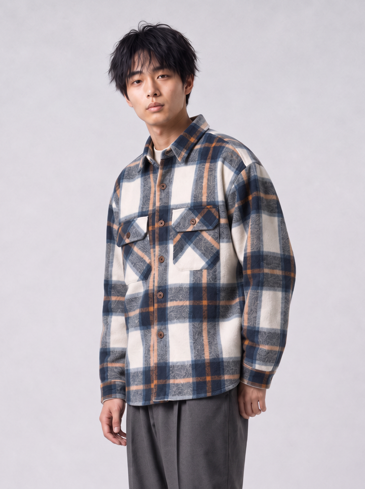 [color:blue-plaid] FLEECE-LINED PLAID SHIRT JACKET — half-body studio model