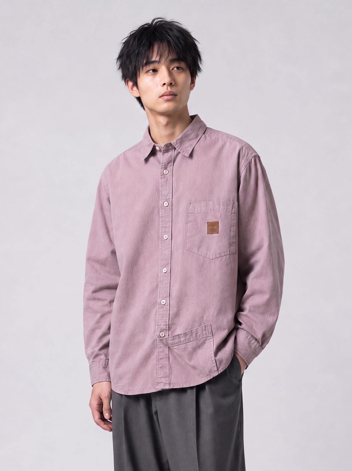 [color:dark-pink] WASHED UTILITY SHIRT / COTTON — half-body studio model