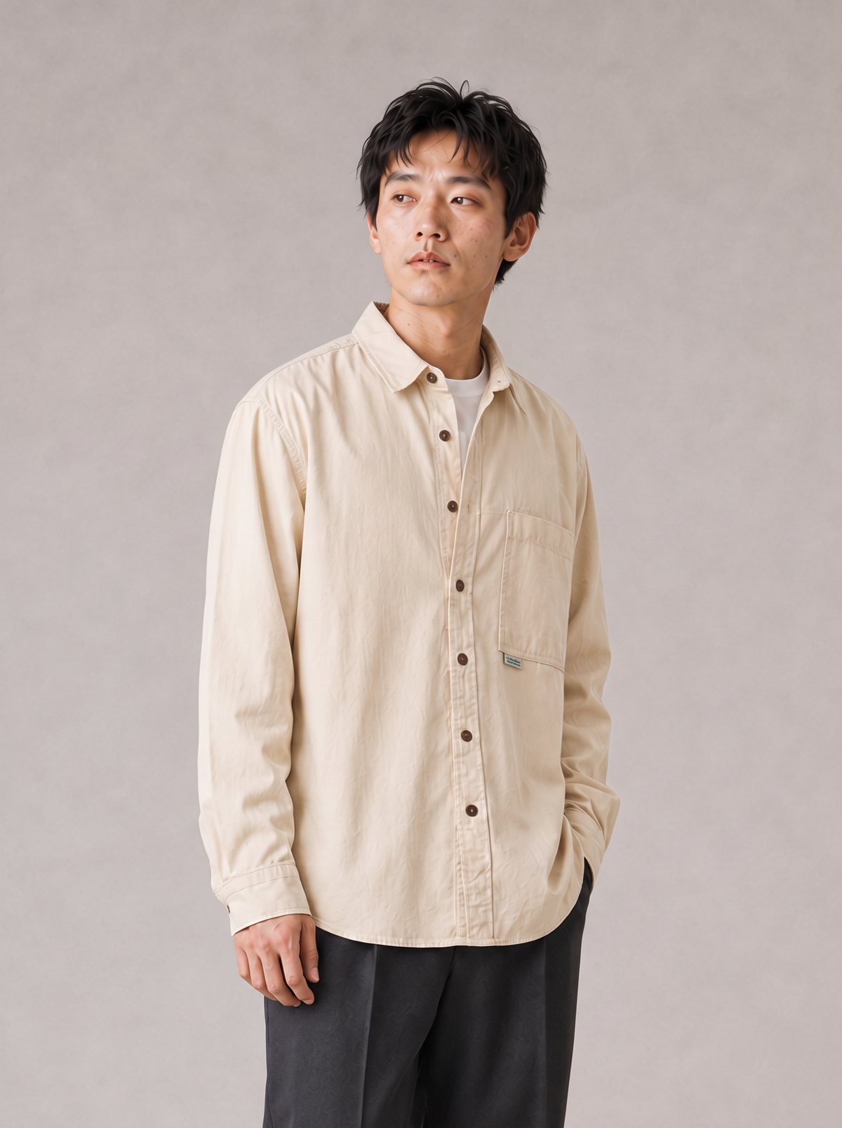 [color:ecru] Washed Patch-Pocket Shirt / Cotton — half-body studio model