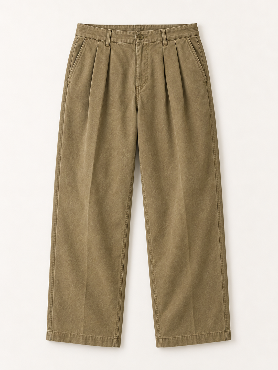 [color:khaki] Double-Pleated Straight Trousers / Washed Cotton — studio product view
