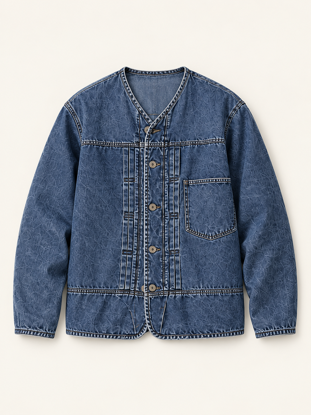 [color:blue] Collarless Pintuck Jacket / Washed Denim — studio product view