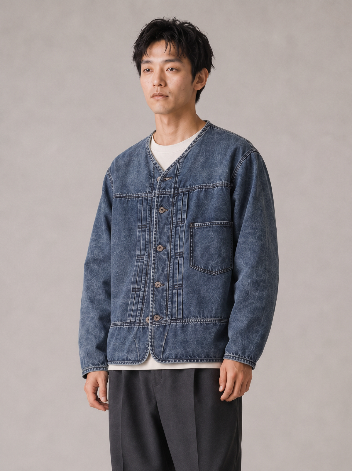 [color:blue] Collarless Pintuck Jacket / Washed Denim — half-body studio model
