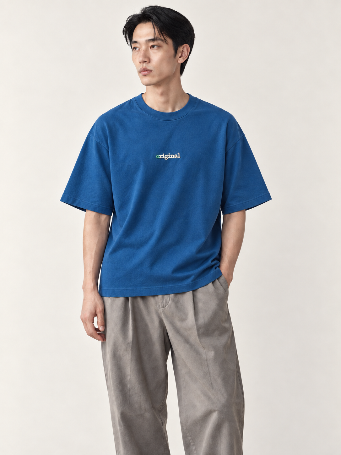 [color:azure] Chest-Embroidery Tee / Relaxed Fit — model studio view