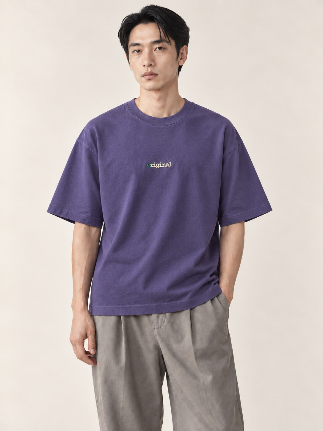 [color:violet] Chest-Embroidery Tee / Relaxed Fit — half-body model hero