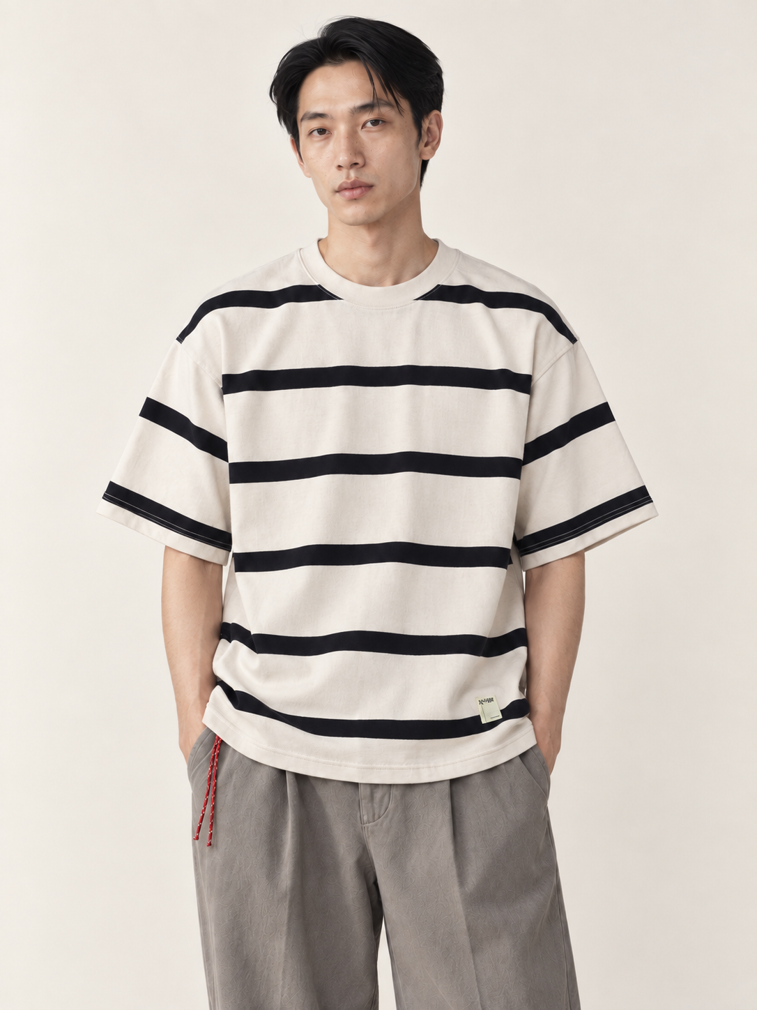 [color:white] Striped Crewneck Tee / Heavyweight — half-body model hero
