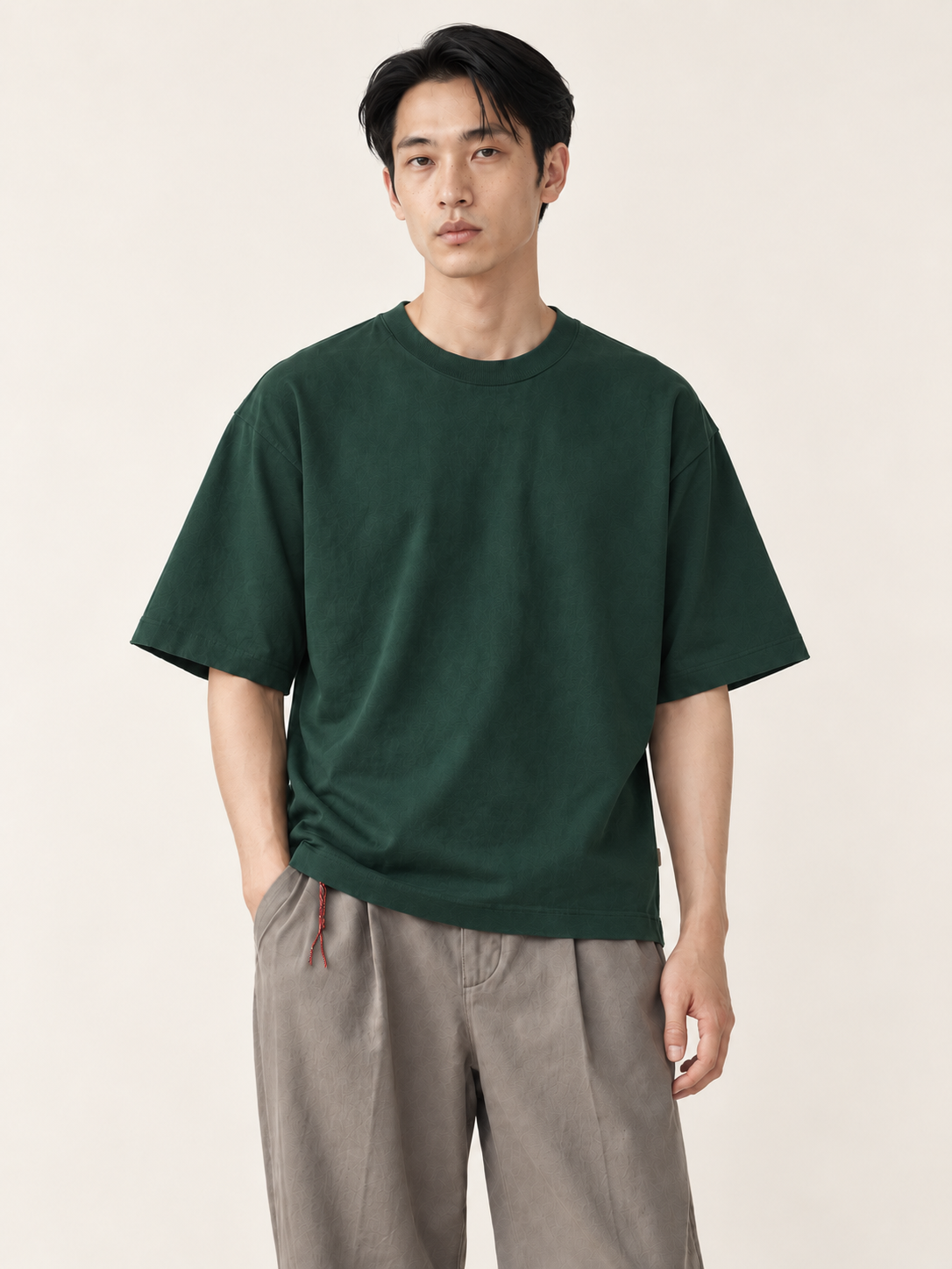 [color:dark-green] Drop-Shoulder Crewneck Tee / Heavyweight — half-body model hero
