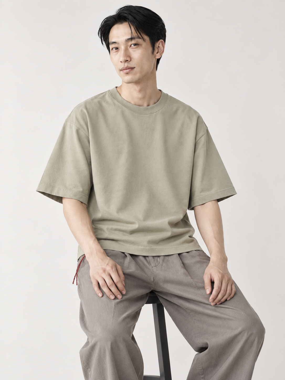 [color:khaki-green] Drop-Shoulder Crewneck Tee — model studio view