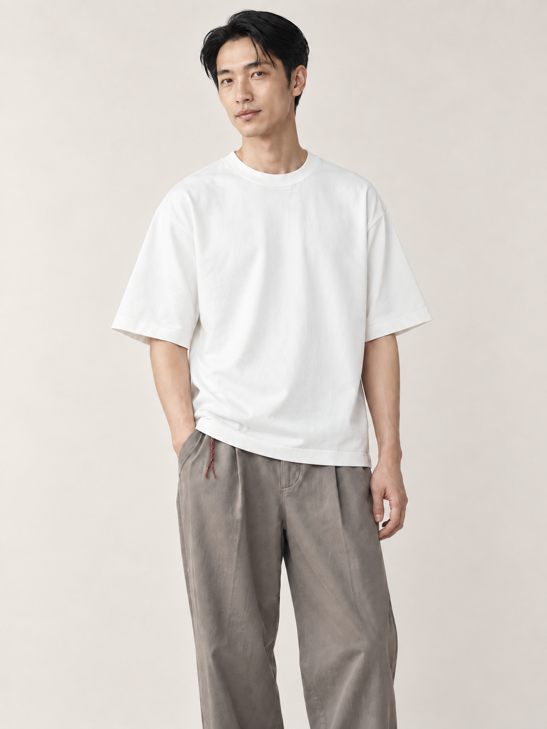 [color:white] Drop-Shoulder Crewneck Tee — model studio view