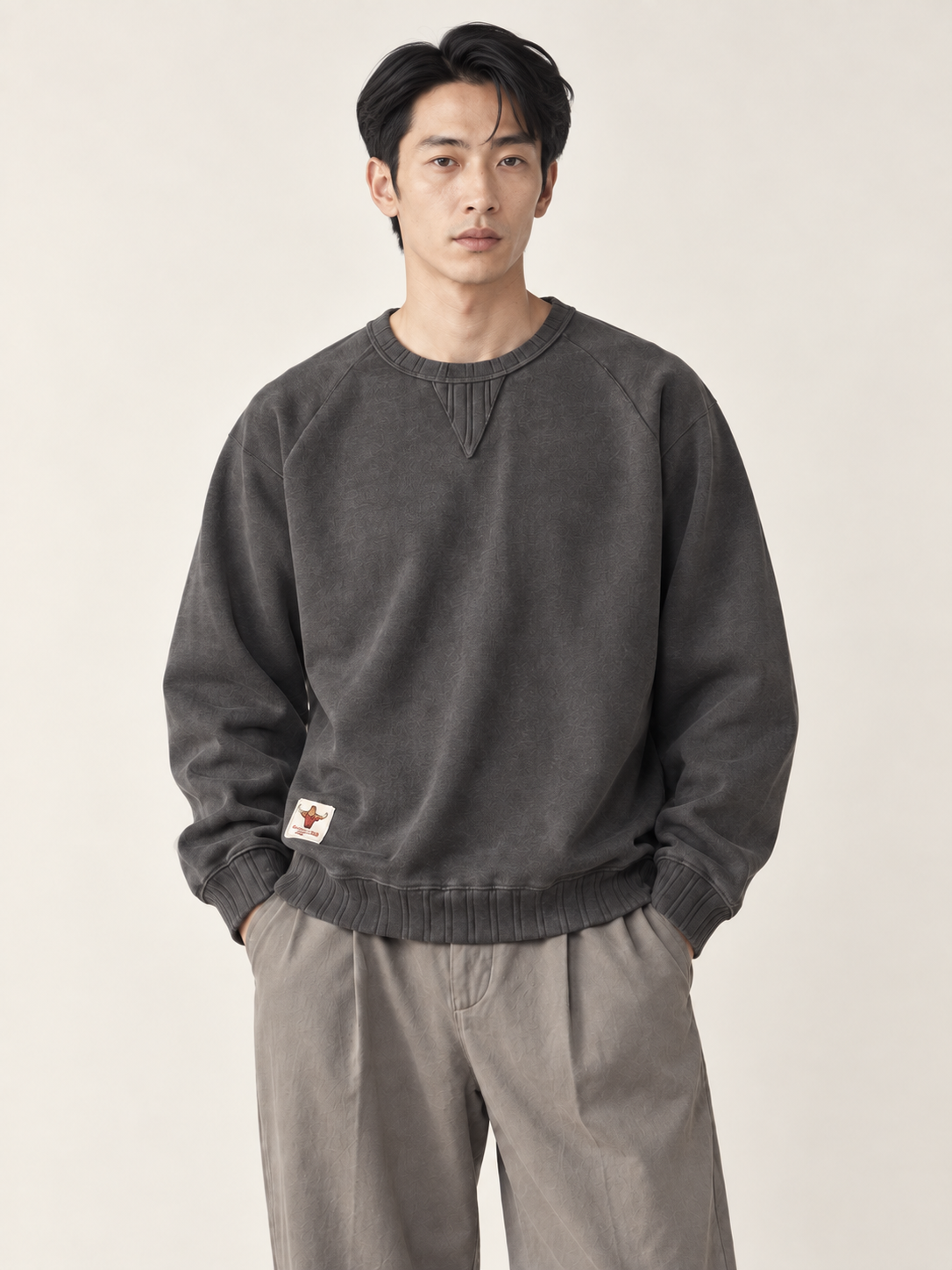 [color:iron-gray] Washed Crewneck Sweatshirt — half-body model hero