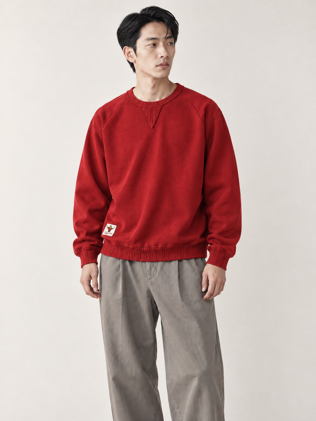 [color:red] Washed Crewneck Sweatshirt — model studio view