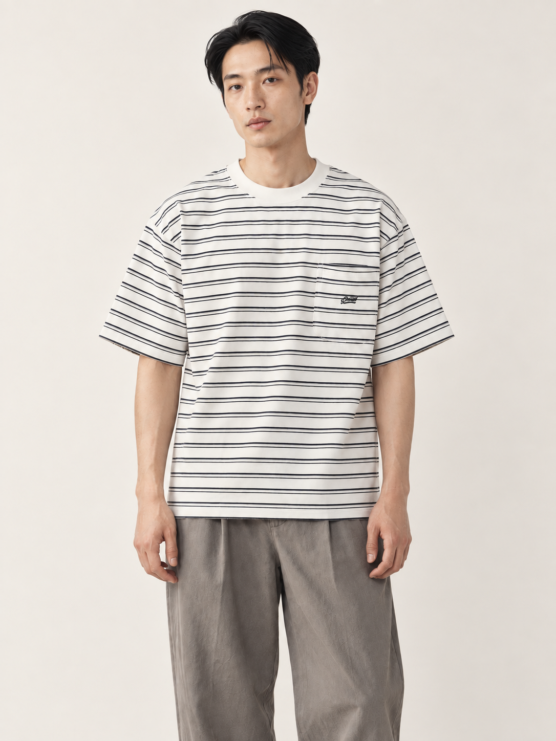 [color:white] Striped Pocket Tee — hero natural studio view